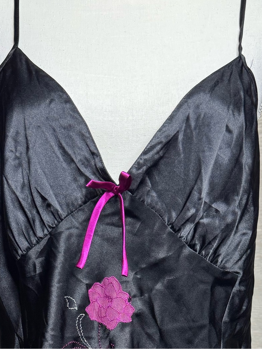 Black Satin Chemise with Magenta Floral Embroidery